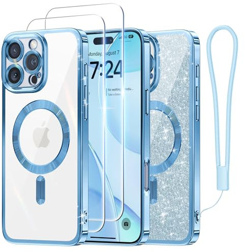 Meifigno Candy Series Case Designed for iPhone 16 Pro Max, [Compatible with MagSafe] [2X Screen Protectors] [Glitter Card & Wrist Strap] Full Camera Protection Designed for iPhone 16 Pro Max, SkyBlue