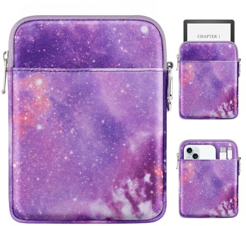 MoKo Padded Ereader Sleeve Case for 6-7 inch Ereader Tablet Bag Protective Cover Pouch with a Carabiner, Compatible with 7 Colorsoft Signature Edition 2024, Purple Starry Sky