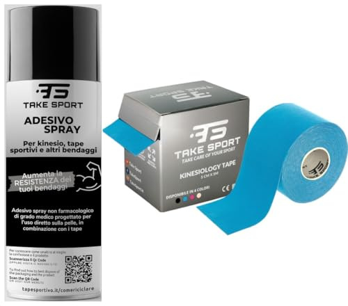 TAKE SPORT Bundle Kinesio Tape + Adesivo Spray: Il Kit Completo per Taping Kinesiologico e Sportivo, con Aderenza Potenziata per Kinesio Tape, Nastri Sportivi e Tape Elastico