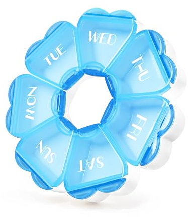 FHORAIN Runde herzförmige Pillenbox mit 7 großen Fächern für die Woche, reisefreundlich, Vitamin-Organizer (Blau)