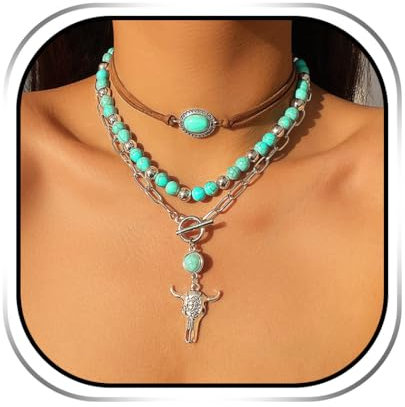 Handcess Gargantilla bohemia turquesa con colgante de toro de plata, collar con cuentas en capas para mujer, talla única, Turquesa, No es una piedra preciosa