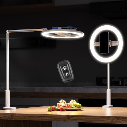 AIXPI Overhead Phone Mount with Ring Light, 10in Adjustable Ring Light with Stand & Phone Holder, Overhead Tripod with Remote, iPhone/Android Foldable Selfie stand with light for TikTok, YouTube