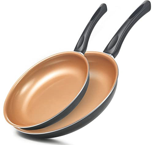 Ecowin Nonstick Frying Pan Skillet, 2 Piece Copper Fry Pans Set, 8”, 10” Frying Pans, with Ultimate Nonstick Ceramic Surface,Oven/Dishwasher Safe