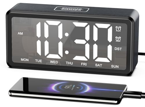 LOFICOPER Wecker aus Holz, Spiegel Digitaluhr mit großem LED-Display, 5 Stufen Dimmer & Lautstärke, Dual-Wecker mit Schlummerfunktion, DST, USB-Ladeanschluss, für Schlafzimmer, Büro, schwere Schläfer