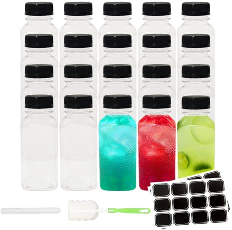 BiBOTLSFLY 250ml 20 Pack Plastic Juice Bottles with Black Lids, Reusable Bulk Beverage Containers for Storing Juices, Milk, Smoothie and Other Homemade Beverages