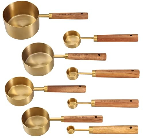 Bosreroy 8-Piece Copper Measuring Cups & Spoons Set with Wooden Handles, Nesting Design for Kitchen Use