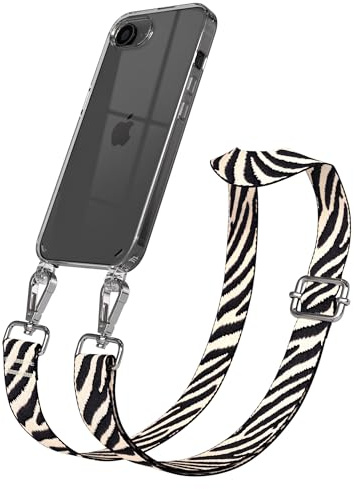 EAZY CASE Handykette - Verstellbares Taschenband kompatibel mit iPhone 16e, Schulterriemen, Handykordel mit Silikon Hülle, Umhängetasche, Zebra - Schwarz Beige Silber