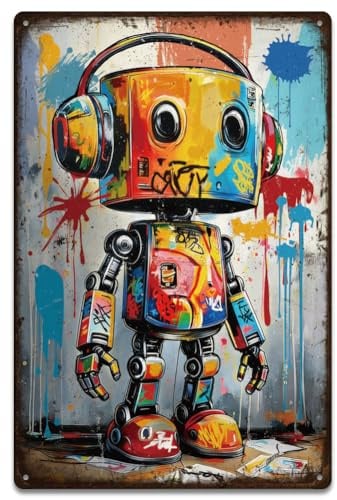 SUPERDANT Blechschild Graffiti Roboter Blechschilder Cyberpunk Wandkunst Eisen Straßenstil Plakette Vorgebohrt Metallschilder Für Garage Bar Wohnzimmer Deko Geschenk 20x30cm