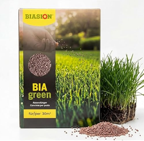 BIASION Concime Prato BIAgreen (30m²) - Fertilizzante organo-minerale granulare NPK con Ferro, Boro e Zinco - Rende il prato più verde, fitto e forte - Effetto rapido e lunga durata 4-6 settimane