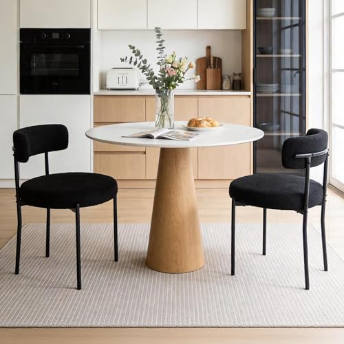 Fanerody Mid-Century Modern Teddy Fleece Esszimmerstühle 2er Set mit gebogener Rückenlehne, Metallbeinen, Schminktisch-Stuhl, Gepolsterte Küchenstühle für Esszimmer, Restaurant, Schwarz