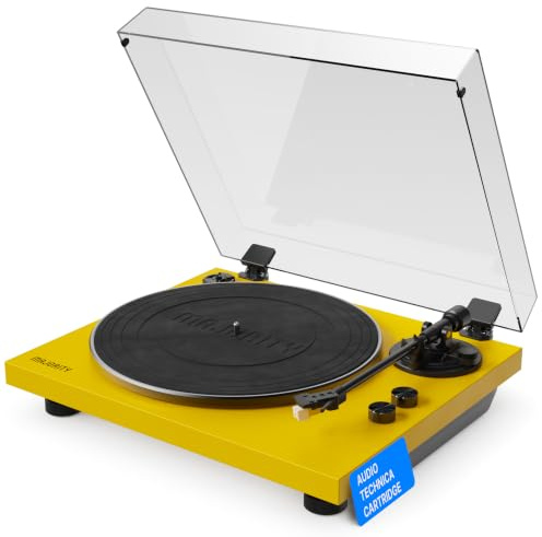 MAJORITY Stylo Bluetooth Turntable Record Player & Record Deck | AT3600L Cartridge, Anti-Skate & Pitch Control | Phono/Line Out | Aluminium Platter, 7-12 Records | 33/45 RPM (Yellow)