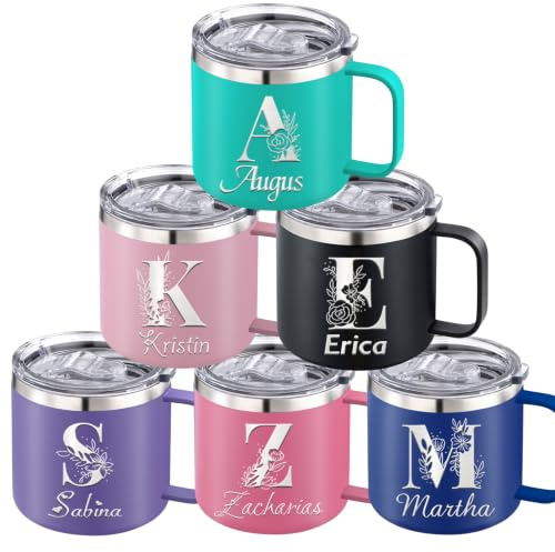 Custom Insulated Coffee Mug with Handle and Lid Personalised Travel Mugs | 12oz 14oz Engraved Name Text Logo Stainless Steel Coffee Tumbler Gifts for Women Men-Initials Flower