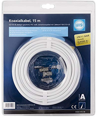 Wisi Koaxialkabel MK 96 A 0015 Antennenkabel 3-fach geschirmt, Klasse A+, >120dB Brandklasse Dca Für DVB-T, DVB-T2, DVB-C und DVB-S/S2 Durchmesser 6,8mm, 15m, weiß