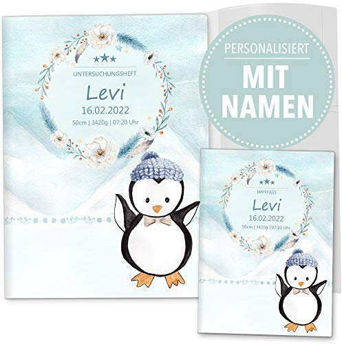 OLGS U-Heft und Impfpasshülle Set | Nordpol | Untersuchungsheft- 3-teilig & Impfpass Hülle personalisierte Geschenke Baby | Babygeschenke zur Geburt (U-Heft Set 3-teilig personalisiert, Pinguin)