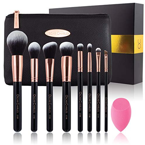 Oscar Charles Professionelles Schmink-Pinsel-Set mit Schönheit Schwamm und Clutch Kosmetiktasche und schöner Geschenkbox, 8-teilig (Roségold)