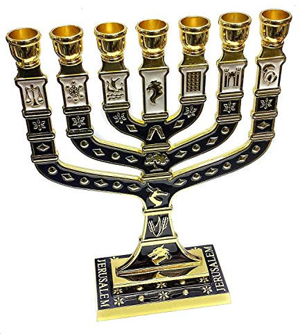 Jerusalem Menora mit 7 Zweigen, 12 Stämmen, Emaille, Blau, 12,1 cm hoch
