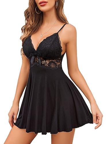 ADOME Negligee Sexy Babydoll Nachtwäsche Sleepwear Tiefer V-Ausschnitt Nachthemd für Damen Spitze Nachtkleid Dessous mit Spitzendetail Schwarz XL