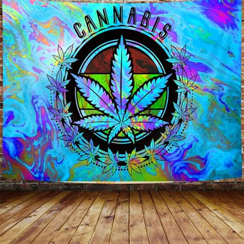 NYMB Tapisserie, blauer Trippy-Cannabisblatt-Wandteppich, Dekoration, bunter Deckenhintergrund für Meditation, Schlafzimmer, Wohnzimmer, Wohnheim, TV-Hintergrund