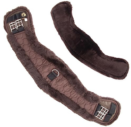 Merauno® Lammfell Mondgurt Sattelgurt anatomischer Dressurgurt (Kurzgurt) mit konkaver Sichelform, Reitgurt mit Naturlammfell, Lammfellgurt (50cm, Braun)