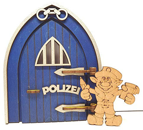 Tanno Design Polizei Wichteltür, Feentür, Mäusetür, Elfentür aus Holz zum öffnen mit lustigem Wichtel blau/silber 17cm hoch