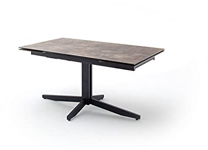 möbelando Rimini Esstisch mit vormontierten Stirnauszug, ausziehbar bis 240 cm, Tischplatte aus Sicherheitsglas mit HPL, Gestell schwarz matt mit Tischplatte in Steinoptik Braun