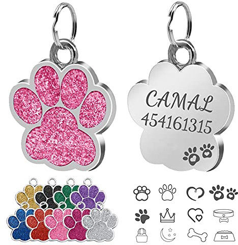 Porte-adresse pour Chiens, CAMAL Médaille pour Chien et Chats pour Colliers pour Chiens, Plaque d'identité Gravée Personnalisée, Forme de Patte Pendentifs pour colliers, 25mm (Rose)