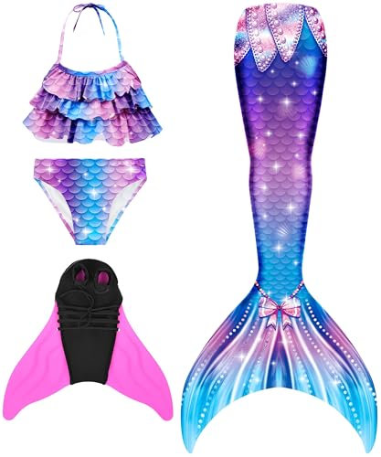 DNFUN meerjungfrauenflosse mädchen Badeanzug - Meerjungfrauenschwanz Schwimmen mit Kinder Meerjungfrau Flosse Bademode mit Bikini Set und Monoflosse Mermaid Tail