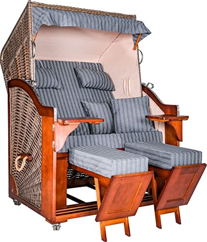 Strandkorb Ahlbeck Premium AOC | Pinie in Grau | Royal Anthrazit | Inkl. Rollen und Abdeckhaube | Ideal für Garten Terrasse und Balkon