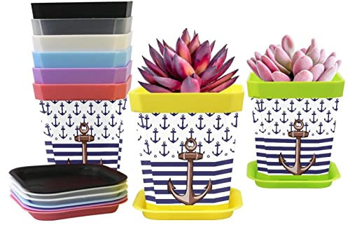 Paquete de 8 Macetas Pequeñas de Semillero de Plástico, Jardineras Náuticas con Diseño de Rayas Azules, Maceta con Bandeja, 8 Colores