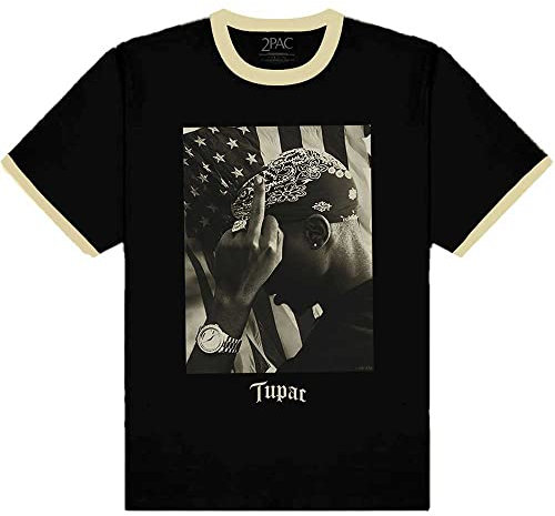 Tupac Ringer T Shirt 2PAC Flag Photo Logo Nue offiziell Unisex Schwarz S