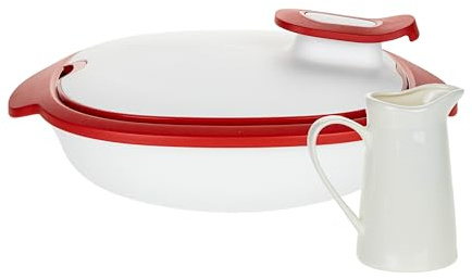 Tupperware Thermo Tup 1,4 l Weiß Rot Warmie Tup Thermo-Duo Servierbehälter Lebensmittelbehälter Set Innenschüssel 1,3 l (inkl. 1x Geschenk-Artikel)