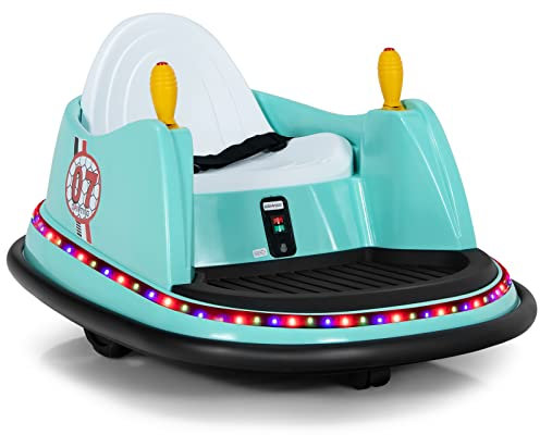 COSTWAY Kids Bumper Car, 360-Degree Rotation Spin Children’s Waltzer Cars with Joystick, Remote Control, Colorful Flashing Lights and Music, Battery Powered Ride on Toy for Boys Girls (Green)