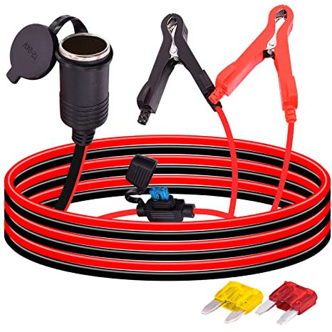 Leehitech 3M/10FT 12V/24V Car Charger Extension Cord, Female Socket to Battery Clips 16AWG Heay Duty Extension Cable With Waterproof Cover for Vehicle Equipment, Car, Boat, Truck, RV, Tire Inflator