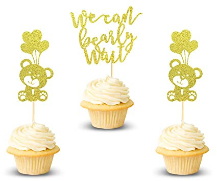 Arthsdite 24 Stück We Can Bearly Wait Cupcake-Topper, Ballon, Bär, Cupcake-Picker für Geschlecht offenbaren, Babyparty, Kindergeburtstag, Party, Kuchendekorationen, Zubehör – Gold-Glitzer