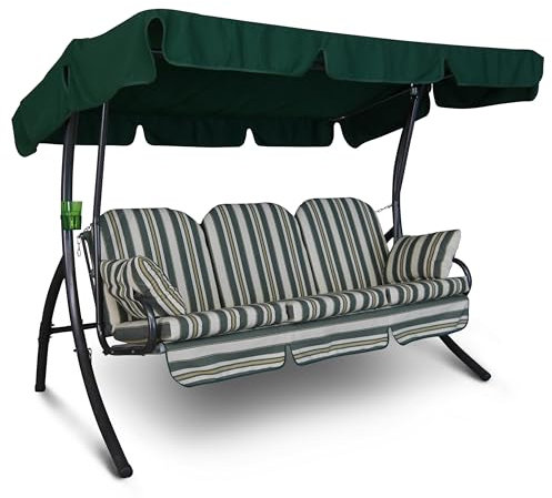 Angerer Freizeitmöbel GmbH Hollywoodschaukel Ibiza - Gartenschaukel Made in Germany - Schaukel zum Sitzen, Liegen und Entspannen - inklusive Bett-Funktion - einfache Montage (Grün-Beige gestreift)