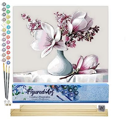 Figured'Art Malen Nach Zahlen Erwachsene Mit Rahmen Magnolie - Paint by Numbers Basteln DIY Bastelset 40x50cm Mit Keilrahmen (nicht gespannt)