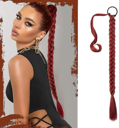 Sofeiyan Braid Extensions Pferdeschwanz Verlängerung mit Haargummi 66cm Lange Geflochtener Ponytail Verlängerung Rot Natürliches Haarverlängerung Synthetisches Zopf Haarteil für Damen