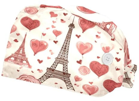 Unisex 2 Stück Scrub Cap mit Knöpfen Schweißband Hüte OP-Kappen für Damen und Herren, Paris Eiffelturm Love, Mehrfarbig 3, One size
