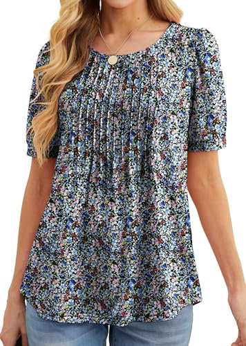 GRECERELLE Womens Summer Tops Casual Dressy Soft Short Sleeve Tunic Front Pleated Spring Crew Neck Tees T-Shirts Loose Blouse for Ladies (Black + Anemone, M)