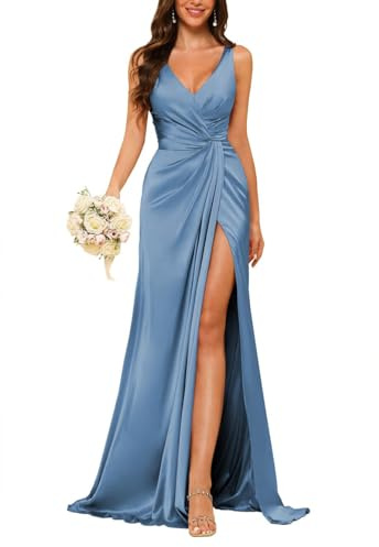 JAEDEN Damen V-Ausschnitt Brautjungfernkleider Satin Lang Abendkleider mit Schlitz Ärmellos Cocktailkleid Elegant für Hochzeit