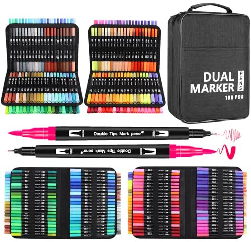 GPLMQ Brush Pen Set, 168 Filzstifte Doppelseitig Pinselstifte Aquarell Marker Fineliner Set für Kalligraphie Handlettering Manga Journal, Filzstifte Dicke und Dünne für Erwachsene