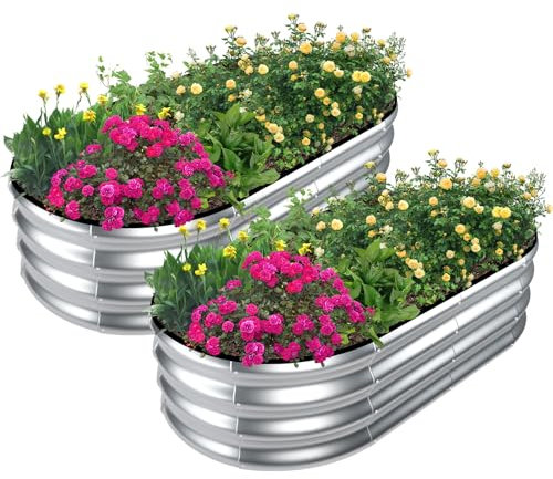 SnugNiture Galvanized Raised Garden Bed Outdoor, 2 Pcs 4x2x1ft Oval Metal Planter Box for Planting Plants Vegetables, Silver