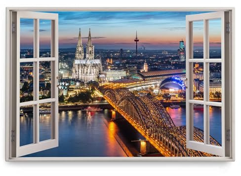 Paul Sinus Wandbild 120x80cm Fensterbild Kölner Dom Köln bei Nacht Stadtlichter Abendrot