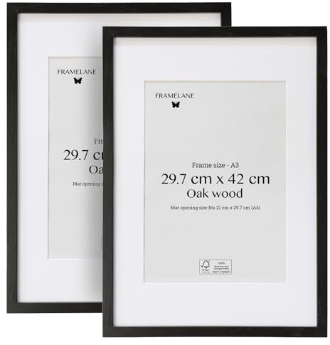Framelane Set of 2 Bilderrahmen A3 Schwarz - FSC-Zertifiziertes Eichenholz, Mit Passepartout, Kratzfestes & Bruchsicheres Acrylglas, Für Tisch- Und Wandmontage, Bilderrahmen Für Hoch- Oder Querformat