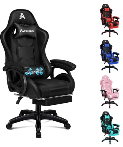 ALFORDSON Gaming Stuhl Massage Gamer-Stühle,ergonomischer Bürostuhl,Schwarz | Gaming-stuhl Computerstuhl einziehbar Fußstütze, Schreibtischstuhl bis 180 kg,90-150° neigbar,Höhenverstellbar Drehstuhl