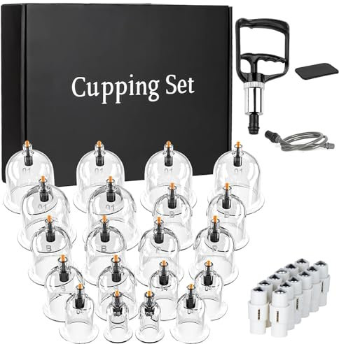 Coppette con pompa a vuoto, set di coppette con 20 bicchieri per coppettazione e terapia, coppettatrice e massaggi, accessori per la fisioterapia, set di cupping