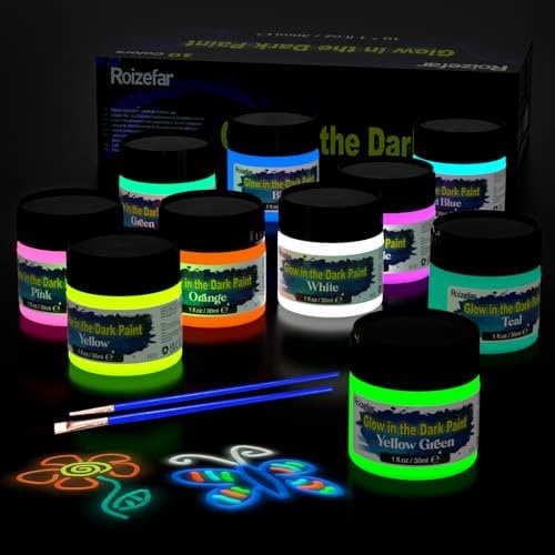 Roizefar Glow In The Dark - Colori fluorescenti per tessuti 3D, impermeabili, fluorescenti, per pietre notturne, pittura per bambini, 10 x 30 ml