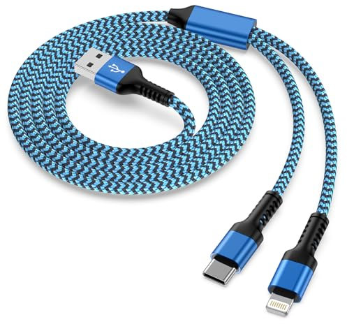 Cable de carga múltiple [1,2 M] 2 en 1 universal cable de carga para iPhone, cable USB con Lightning + USB C para iPhone 15 14 13 12 11 8 7 6, Samsung Galaxy, Huawei, Google, Sony