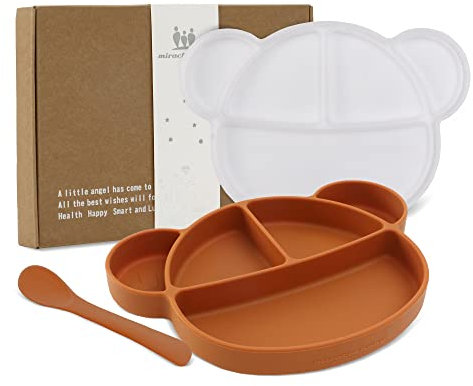 Miracle Baby Assiette Silicone avec Ventouse pour Bébé Assiette Antiderapante avec Couvercle et Cuillère Assiette Enfant Fille Garçon Set avec Boîte Cadeau, Sans BPA et Lave-vaisselle (Caramel)