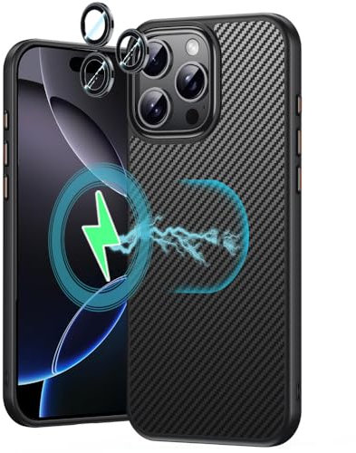 TECHGEAR iPhone 16 Pro Max Magnetic Case - Shockproof [Carbon Fibre Detail] Drop Protection [Camera Lens Protector] Tough Hard Back Compatible with MagSafe Case Cover for iPhone 16 Pro Max 6.9 Black